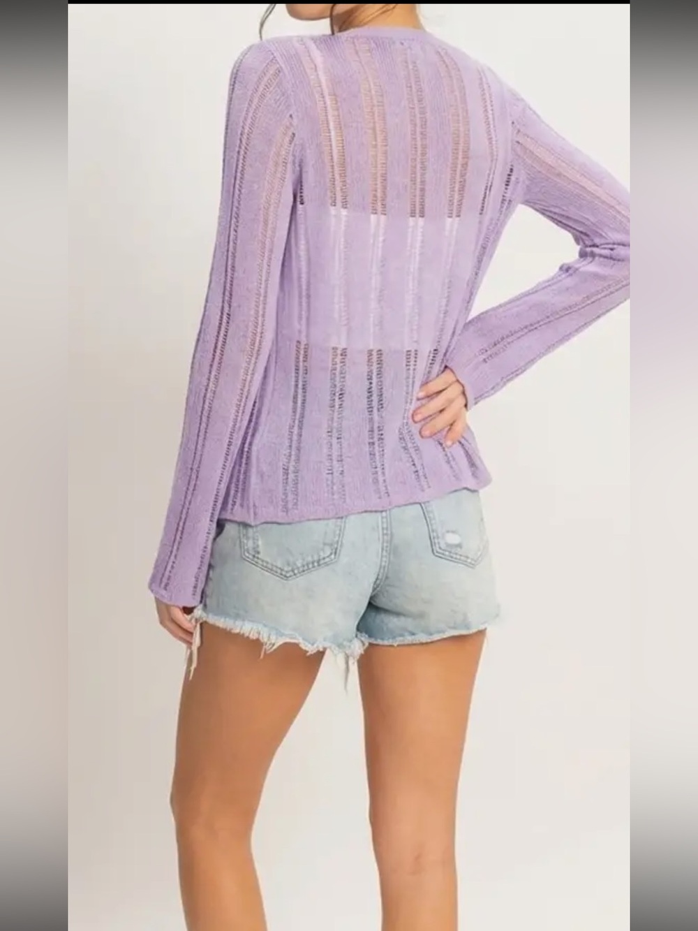 Lavender Open Knit Bell Sleeve Cardigan Boho Lightweight Sweater Various Sizes - Picture 6 of 8